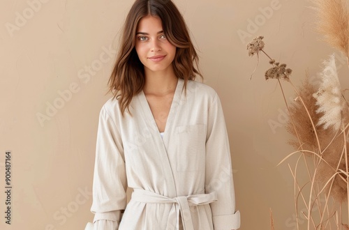 Woman in White Dress Against Beige Wall