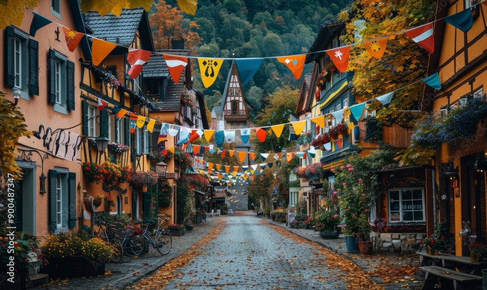 Fototapeta premium Quaint village street decorated with Oktoberfest festival flags.