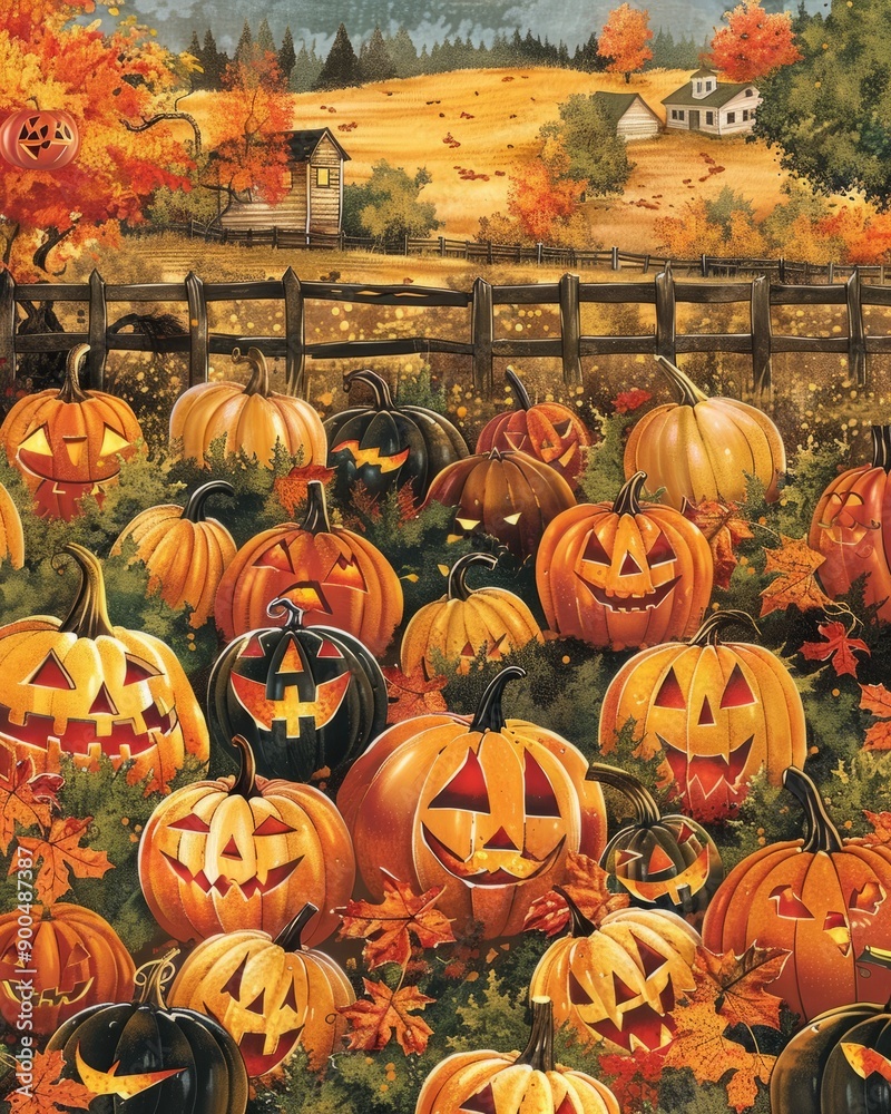 Jack-o'-lantern pumpkins in a field, with a farmhouse and autumn trees in the background. Jack-o'-lantern pumpkins in a field, with a farmhouse and autumn trees in the background.