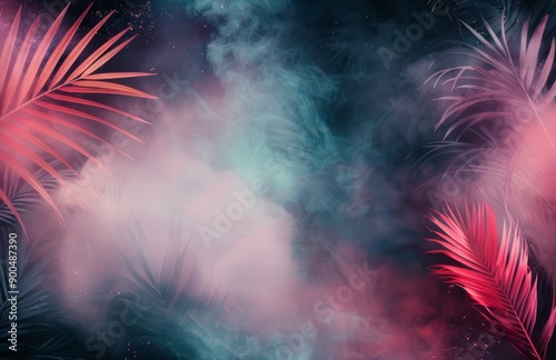 Pink and Blue Smoke With Palm Leaves