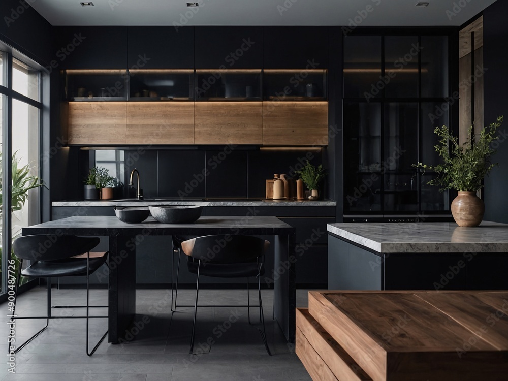 Sleek black kitchen interior with contemporary style Sleek black kitchen interior with contemporary style