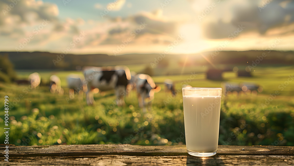 A glass of fresh milk on a wooden table with a pastoral farm scene and grazing cows in the background at sunset A glass of fresh milk on a wooden table with a pastoral farm scene and grazing cows in the background at sunset