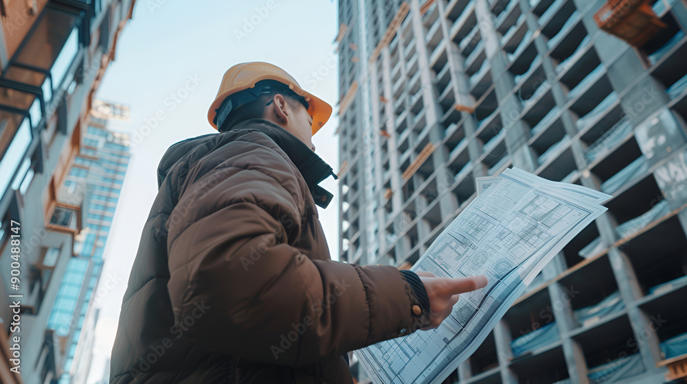 Architect with Blueprint Analyzing High-Rise Building Under Construction, Ensuring Structural Integrity and Compliance with Design Specifications