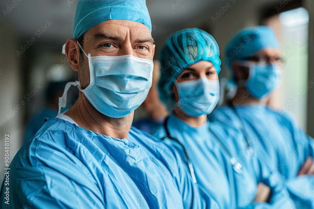 Group of medical professionals in scrubs with confident expressions in a hospital setting Group of medical professionals in scrubs with confident expressions in a hospital setting