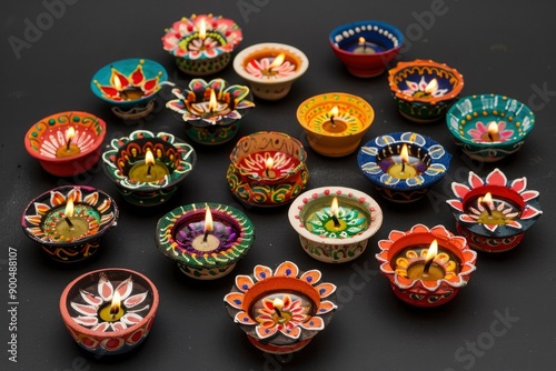 Group of decorated diyas on black background during Diwali, generative ai