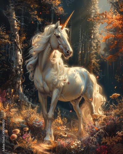 Graceful Unicorn in Sunlit Enchanted Forest.
 photo