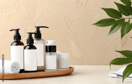 White Bottles and Cream Jar on Wooden Tray