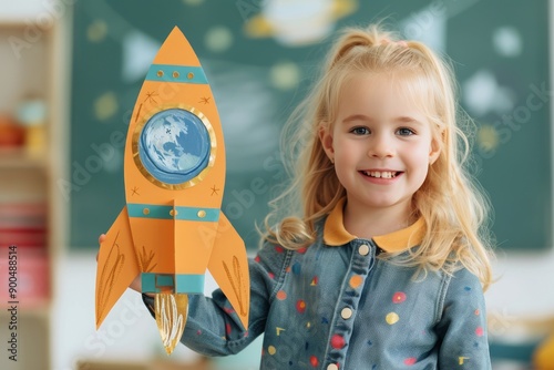 Smiling Girl Holding Rocket Toy in Classroom