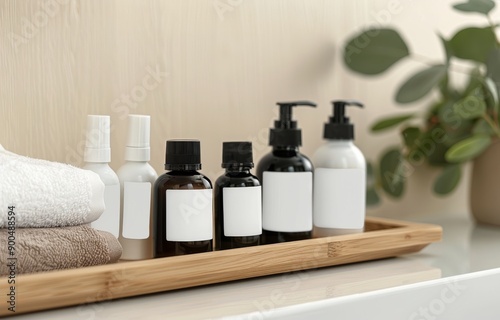White Bottles and Cream Jar on Wooden Tray
