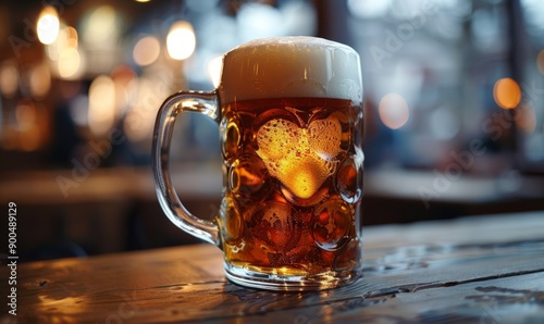 A beer mug with a heart-shaped foam design at the Oktoberfest festival.