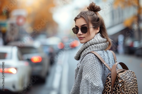 Woman in Grey Sweater With Leopard Backpack on City Street