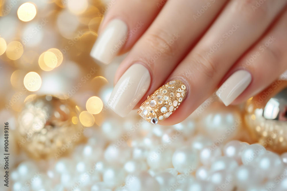 Elegant nude manicure with a pearl beaded accent nail, perfect for glamorous parties and sophisticated styling Elegant nude manicure with a pearl beaded accent nail, perfect for glamorous parties and sophisticated styling
