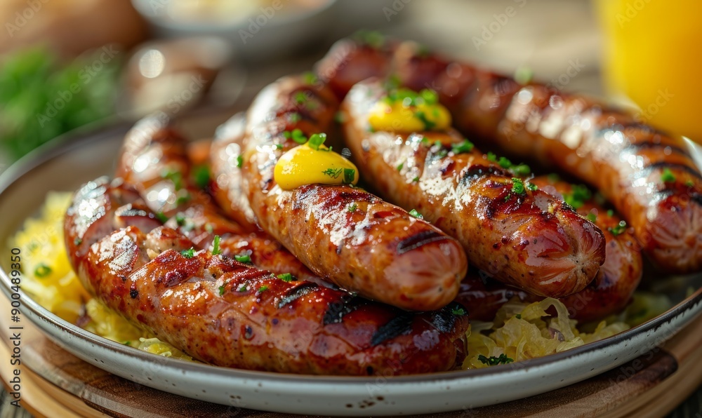 Close-up of a plate of sausages with mustard and sauerkraut at the Oktoberfest festival. Close-up of a plate of sausages with mustard and sauerkraut at the Oktoberfest festival.