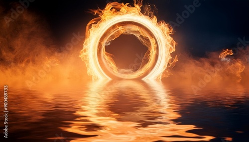 a circle of intense fire floats above a reflective surface enveloped by a captivating smoky backdrop photo