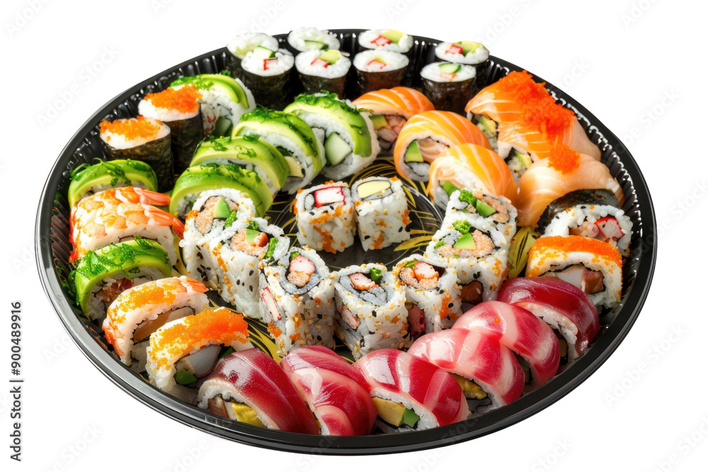 Assorted sushi rolls on a plate, isolated on a white background. Assorted sushi rolls on a plate, isolated on a white background.