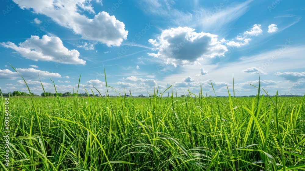 Fototapeta premium Green Grass Field Under a Blue Sky with White Clouds