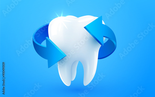 3d realistic vector healthy glowing tooth. Arrows around white tooth. Dental care, protection and whitening.