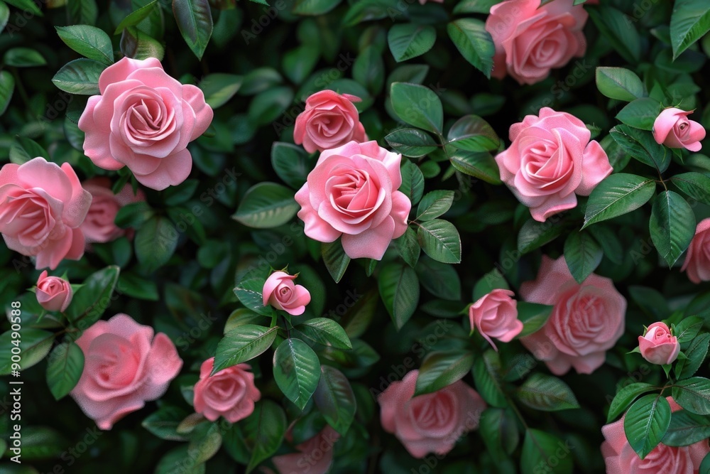 A beautiful bush of pink roses with lush green leaves, perfect for decorative or illustrative purposes A beautiful bush of pink roses with lush green leaves, perfect for decorative or illustrative purposes