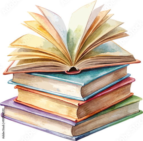 Back to school opened book on stack of Books watercolor style isolated on white background.