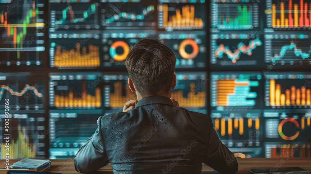 A businessman analyzes data on multiple screens, showcasing financial trends and market analysis in a modern workspace. A businessman analyzes data on multiple screens, showcasing financial trends and market analysis in a modern workspace.
