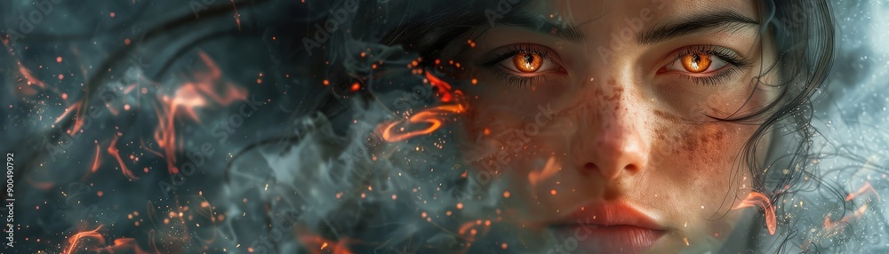 A captivating portrait of a mystical woman with glowing eyes, surrounded by ethereal smoke and vibrant colors, evoking a sense of intrigue. A captivating portrait of a mystical woman with glowing eyes, surrounded by ethereal smoke and vibrant colors, evoking a sense of intrigue.
