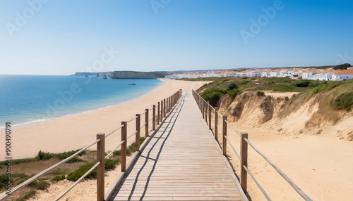 Wallpaper Mural Discover the stunning beauty of a secluded white sand beach with crystal-clear turquoise waters, accessible via a picturesque wooden boardwalk under a bright blue sky. Torontodigital.ca