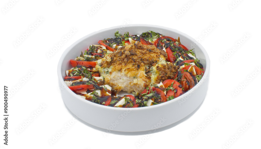 crispy spinach and artichoke stuffed tenderized and pounded chicken Rollatini rolled in french fried onions. served in the middle of a ring of tomato Caprese salad . isolated on white background crispy spinach and artichoke stuffed tenderized and pounded chicken Rollatini rolled in french fried onions. served in the middle of a ring of tomato Caprese salad . isolated on white background