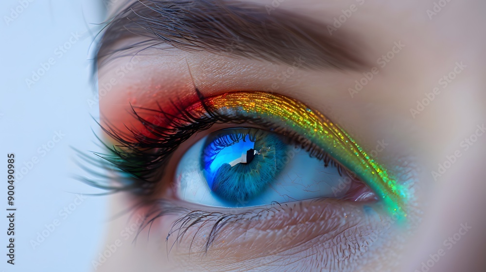 Fototapeta premium Close-up of a colorful rainbow woman eye isolated on panoramic white background with copy-space, colors vision, gay LGBTQ pride concept header and web banner.