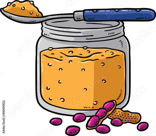 Hand Drawn Vector Cartoon Chunky Peanut Butter In A Bottle With Spoon