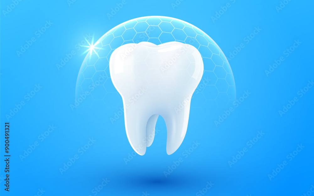 3d realistic vector healthy glowing tooth. Shield around white tooth. Dental care, protection and whitening. 3d realistic vector healthy glowing tooth. Shield around white tooth. Dental care, protection and whitening.