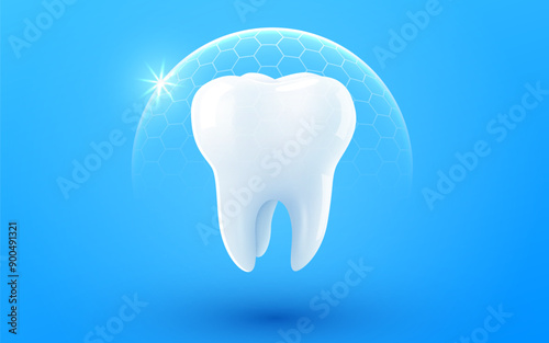 3d realistic vector healthy glowing tooth. Shield around white tooth. Dental care, protection and whitening.