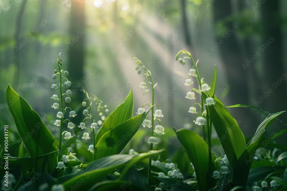 Fototapeta premium Lily of the valley in the forest, generative ai