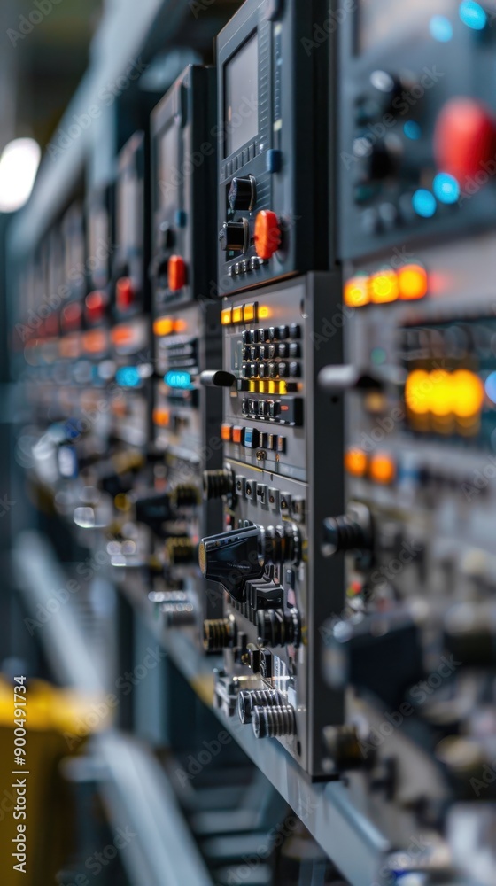 Close-up of control panels showing knobs and buttons in an industrial setting, emphasizing precision and technology in machinery. Close-up of control panels showing knobs and buttons in an industrial setting, emphasizing precision and technology in machinery.