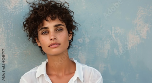Woman With Curly Hair Posing Against Blue Wall