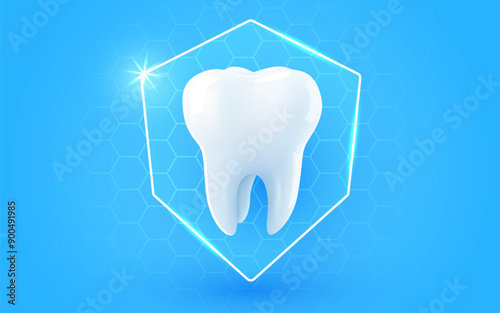 3d realistic vector healthy glowing tooth. Shield around white tooth. Dental care, protection and whitening.