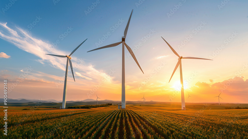 Breathtaking sunset scene with wind turbines in a vibrant landscape, symbolizing renewable energy and environmental sustainability. Breathtaking sunset scene with wind turbines in a vibrant landscape, symbolizing renewable energy and environmental sustainability.