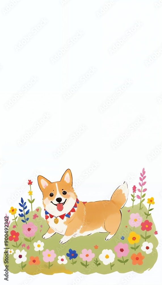A corgi plays in a meadow filled with colorful spring flowers. A blissful reverie where fairytales bloom in watercolor hues