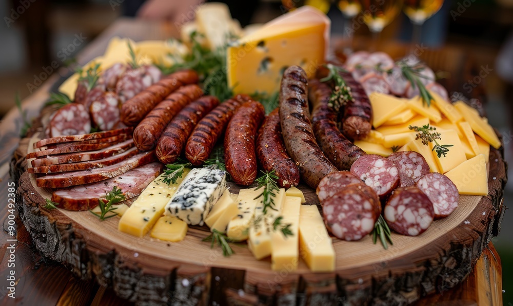 A wooden platter with a selection of sausages and cheese at the Oktoberfest festival. A wooden platter with a selection of sausages and cheese at the Oktoberfest festival.