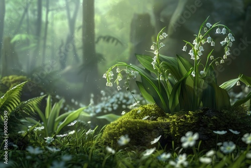 Lily of the valley in the forest, generative ai
