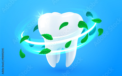 3d realistic vector healthy glowing tooth. Light vortex with leaves around white tooth. Dental care, protection and whitening.