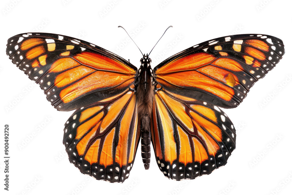 A fully spread monarch butterfly with intricate orange, black and white patterns, isolated on a white background. A fully spread monarch butterfly with intricate orange, black and white patterns, isolated on a white background.