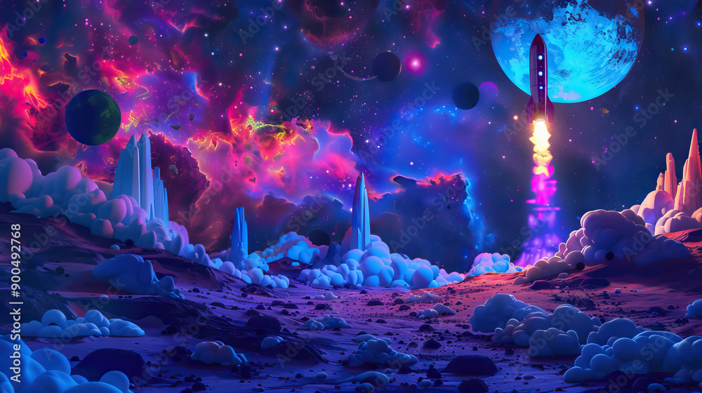Obraz premium Vibrant neon colors Spaceship in the outer space with copy space.