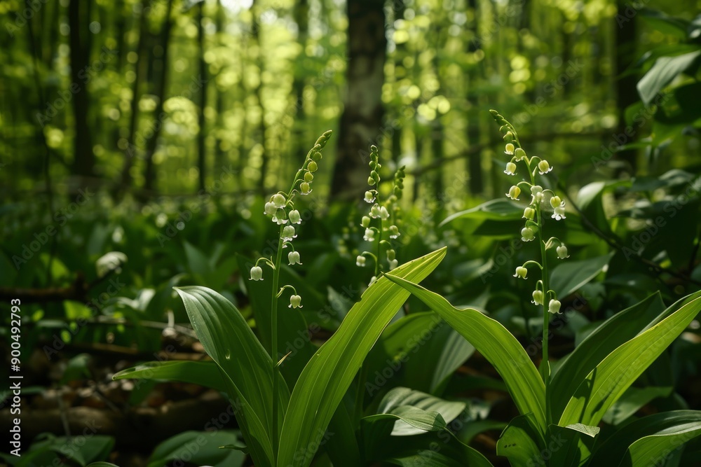 Fototapeta premium Lily of the valley in the forest, generative ai