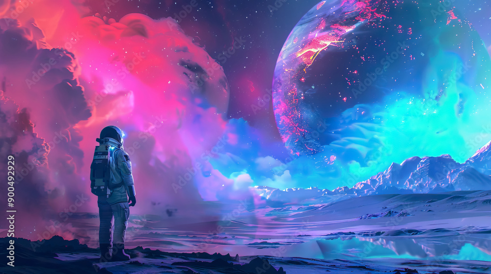 Vibrant neon colors back view astronaut standing on the moon look at earth with copy space. Vibrant neon colors back view astronaut standing on the moon look at earth with copy space.