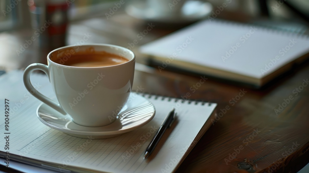 A clean desk with a notebook, pen, and coffee cup, providing plenty of room for text. A clean desk with a notebook, pen, and coffee cup, providing plenty of room for text.