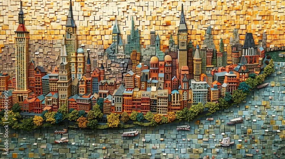 Fototapeta premium Vibrant Cityscape Mosaic: A Masterpiece of Color and Architecture