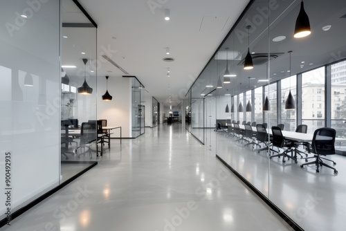 Modern Office Hallway With Glass Partitions