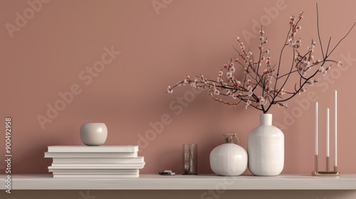 A white shelf with a vase of flowers and a stack of books