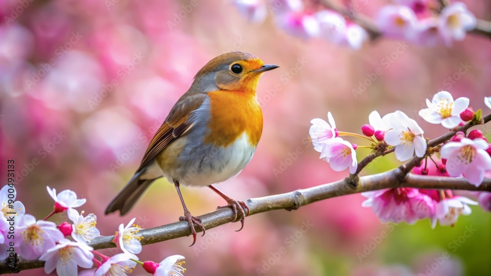 Robin Redbreast Perched on a Cherry Blossom Branch. Robin Redbreast Perched on a Cherry Blossom Branch.