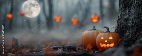 Jack-O'-Lanterns in a Foggy Forest at Night